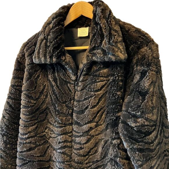Brown Zebra Print Fuzzy Zip Up Mid Weight Teddy Jacket Coat M - Picture 2 of 8